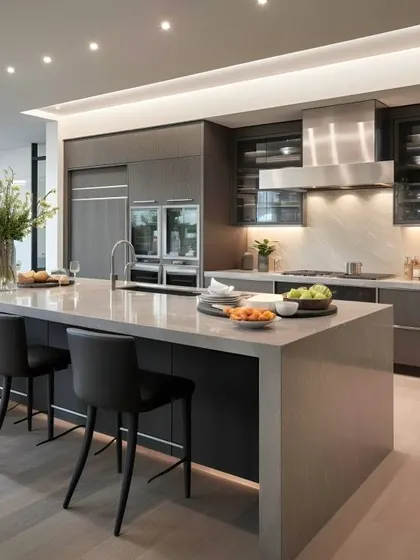 A showcase of our luxury kitchen capabilities, this large open-plan kitchen features a waterfall island with seating. We integrated high-end appliances and used a sophisticated palette of dark wood and matte grey for the cabinetry.