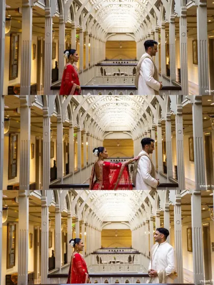 A triptych that tells the story of the first look, from the bride's approach to the groom's happy reaction.