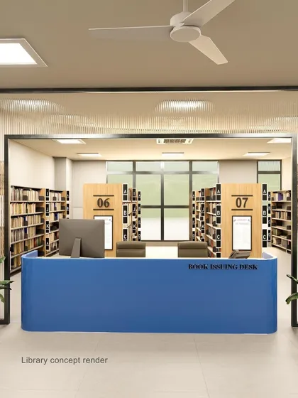 The book issuing desk at the GL Bajaj University library. The modern, blue desk and clear signage create a functional and welcoming entry point to the library's resources.