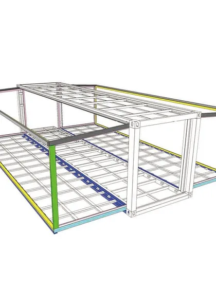 This wireframe diagram reveals the structural engineering of our 30ft expandable container house. It highlights the robust steel frame that ensures durability and allows for the innovative folding design.