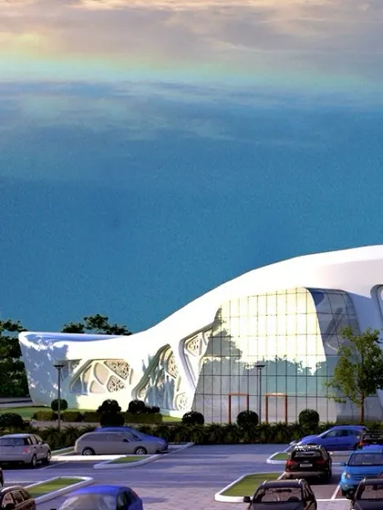 A rendering of the Cultural Centre at Bodh Gaya, inspired by the form of the Bodhi Tree. The futuristic, organic structure is designed to be an experience in itself, with fenestrations that mimic leaves to create patterns of light and shadow.