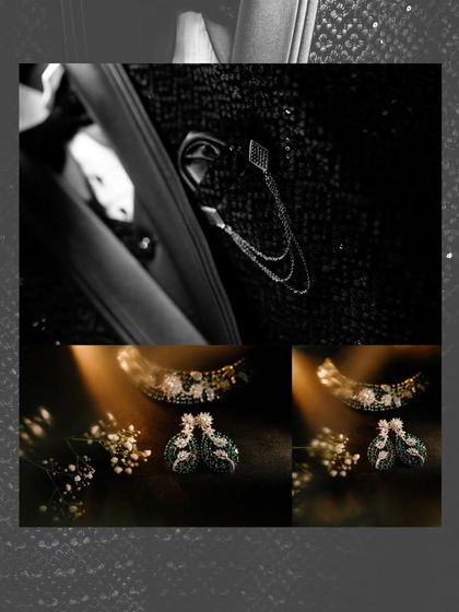 A stylish black and white collage showing details of the groom's suit accessory and the bride's sparkling reception jewelry.