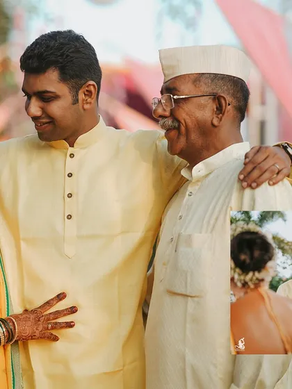 A collage capturing the groom's Haldi ceremony, focusing on his happy moments with his parents.
