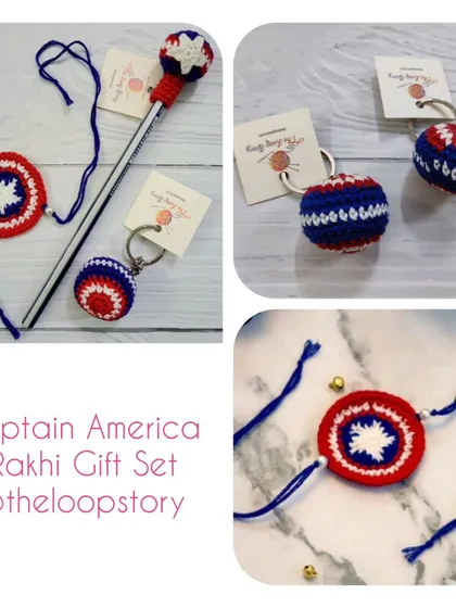 A Captain America themed Rakhi gift set, complete with a matching keychain. A perfect gift for a superhero fan.
