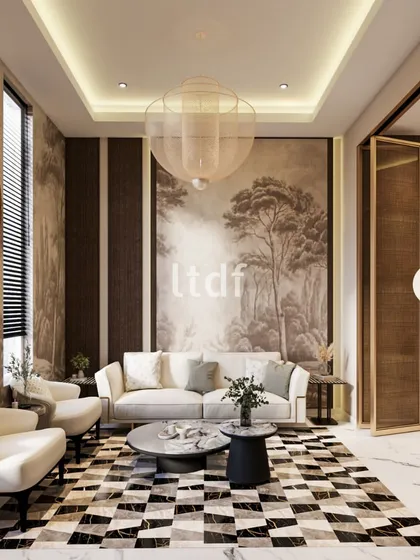 A closer view of the living space, showing the interplay between the geometric floor, the soft curves of the furniture, and the organic mural. The composition is a study in balance, where different patterns and forms coexist in harmony.