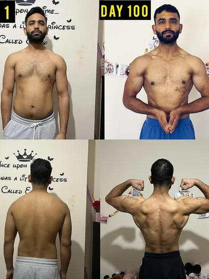 My client Amit, a busy professional from London, achieved this incredible body recomposition in 100 days. This front and back comparison highlights the fat loss around the waist and significant muscle development in his back and shoulders.