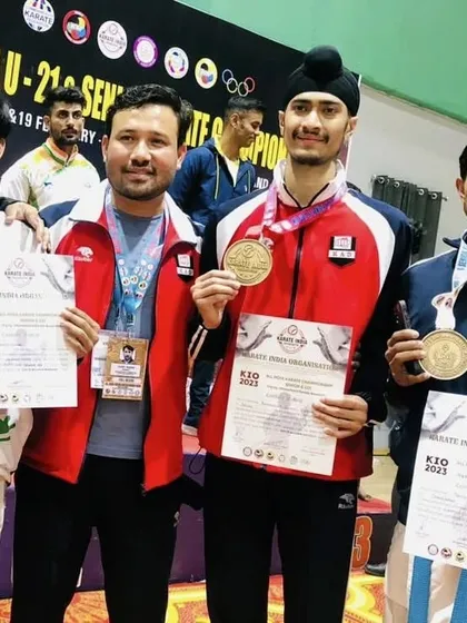 On the podium with fellow medalists at the All India U-21 & Senior Karate Championship. Sharing the stage with other top athletes is always an honor.