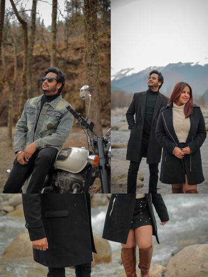 A collage showcasing the couple's style, with shots featuring a Royal Enfield bike and chic winter coats.