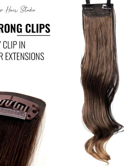 An infographic showcasing our clip-in extensions with strong, reliable clips and beautiful ombre coloring.