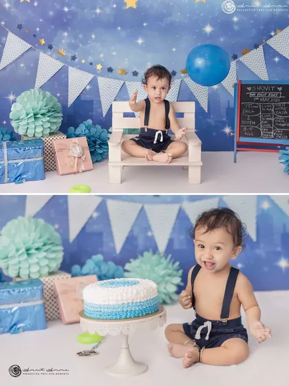 A collage capturing all the fun expressions of a first birthday boy in his blue themed setup, from pointing at the camera to getting ready to dig into his cake.