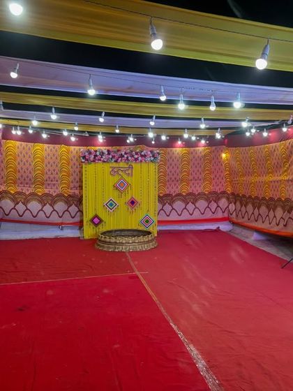 The complete Haldi venue ready for the event. Our team ensures every element is perfectly in place before the ceremony begins.