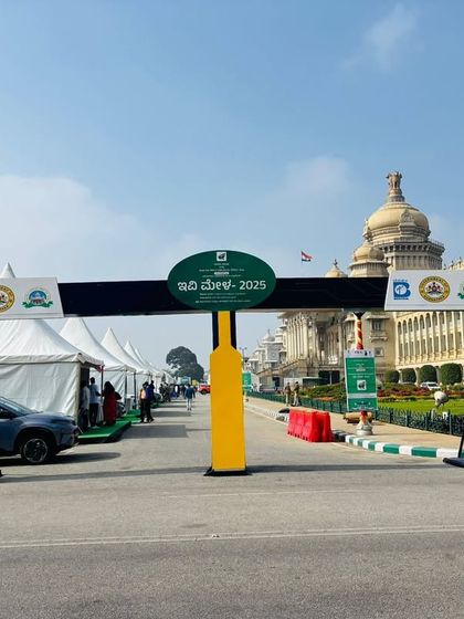 The grand entrance archway we constructed for the EV Expo 2025 at Vidhan Soudha. Our custom branding solutions create a powerful first impression for attendees at major public and government events.