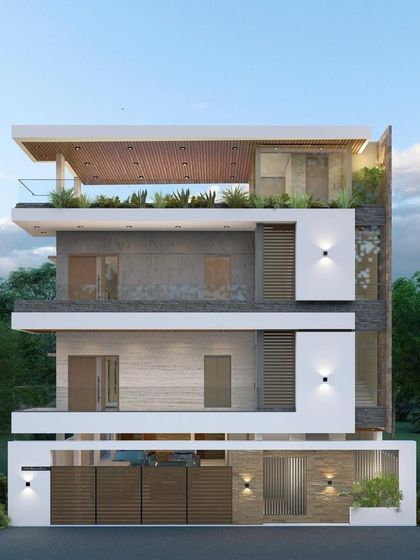 A slightly different angle of the same modern facade concept, showing how the building interacts with its environment and how the material choices create texture and visual interest.