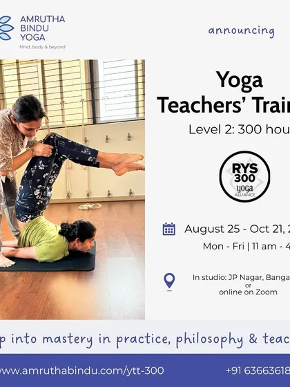 For those ready to step into mastery, our 300-Hour Advanced Teacher Training is the next chapter. This program is designed to refine your practice, deepen your philosophical understanding, and elevate your teaching to an art form, as seen in this moment of advanced alignment support.