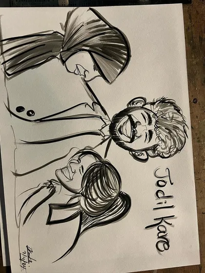 This lively caricature captures a fun moment between three people, with the Marathi text "Jodil Kare" adding a personal touch.