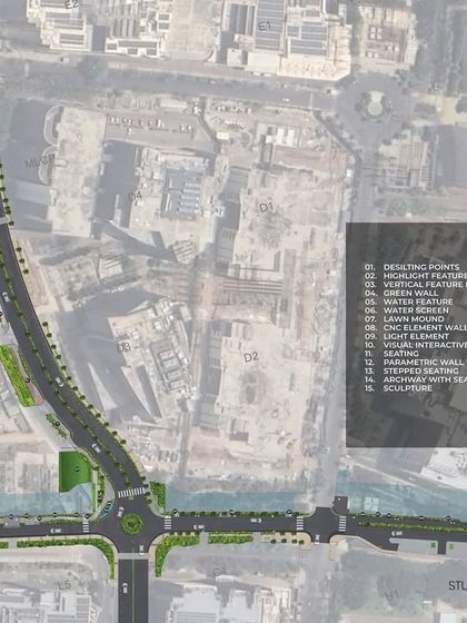 The masterplan for the landscape revamp of Embassy Manyata Tech Park. This aerial plan identifies key intervention zones and lists the proposed features, providing a strategic overview of the entire project.