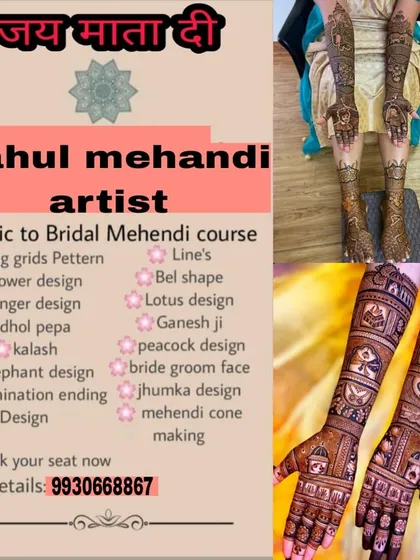 My 'Basic to Bridal Mehendi' course covers everything you need to know. This chart shows the full curriculum, from fundamental skills like line work and filling patterns to advanced techniques like creating bride-groom faces and making your own cones.