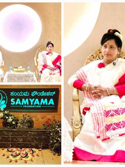 A collage from a charitable event of Meditation and Satsang held at the new Spiritual Centre. It shows Maa Aditiji on stage and the beautifully decorated entrance, marking the beginning of spiritual activities in the new building.