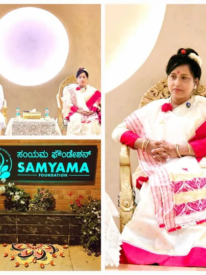 A collage from a charitable event of Meditation and Satsang held at the new Spiritual Centre. It shows Maa Aditiji on stage and the beautifully decorated entrance, marking the beginning of spiritual activities in the new building.