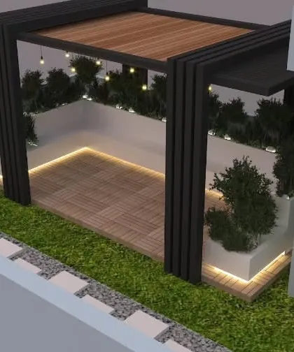 An aerial view of a proposed pergola design, showing its placement in the corner of a terrace to maximize space.