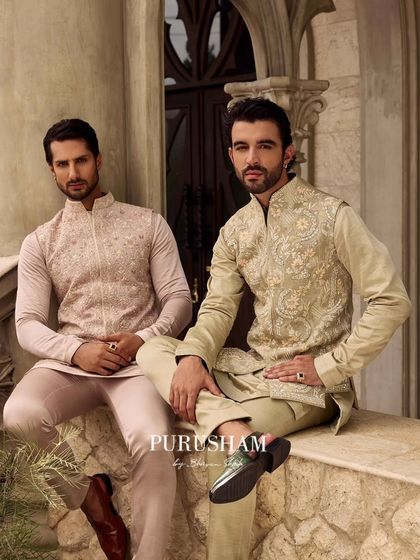 Inspired by the grandeur of royal traditions, this collection is a love letter to those who embrace grace with confidence. These coordinated pastel jackets are perfect for a daytime wedding event.