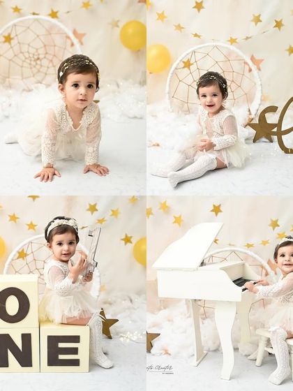 A collage of magical moments celebrating a first birthday. From playing a tiny piano to sitting among the stars, each photo in this set tells a part of her "one-derful" story.