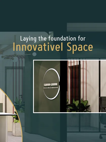 This graphic emphasizes our role in "Laying the foundation for Innovative Space." It combines a render of a private office with a shot of the entrance, illustrating our comprehensive approach to workspace design.
