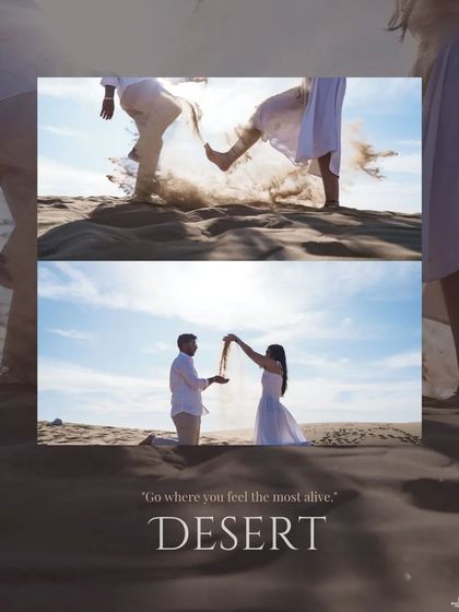 A creative collage showing the couple playing with sand in the desert, capturing a sense of freedom and joy.