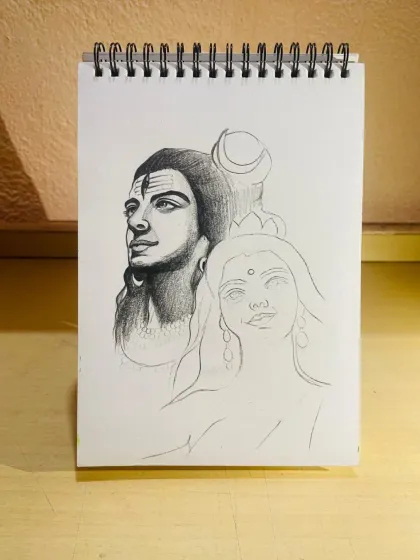 Another view of the Shiv Parvati sketch in progress. The contrast between the finished and unfinished parts is interesting to see.
