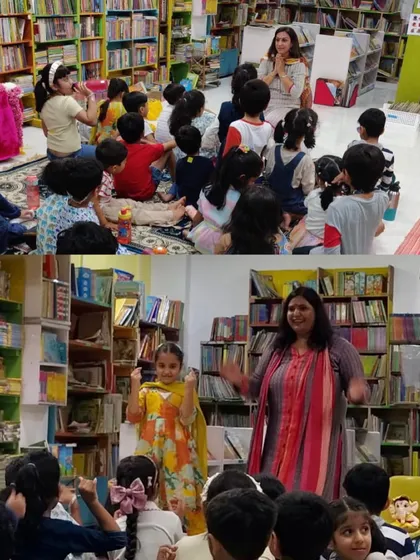 A collage showing the different parts of our Ganpati celebration, from interactive storytelling to children participating with enthusiasm. Every element is designed to be engaging and fun.
