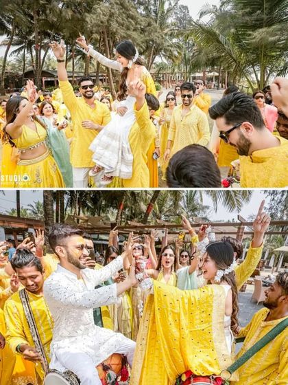 Pure joy at the Haldi ceremony. We love creating these high-energy moments where the couple is lifted up by friends and family, surrounded by music and celebration.
