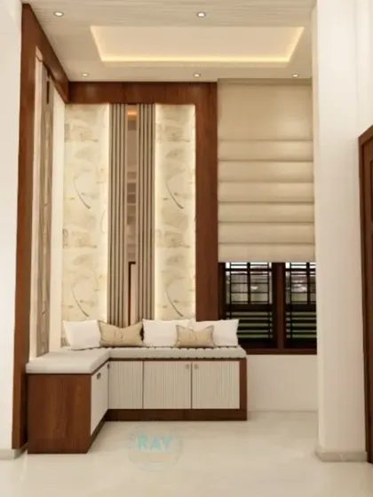 A closer view of the window-side seating with storage, a perfect example of multi-functional furniture.