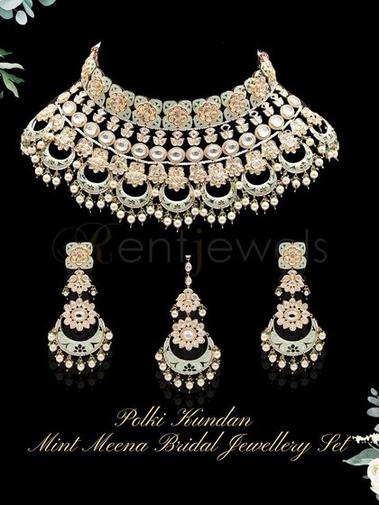 A product shot of my stunning Polki Kundan mint Meena bridal jewelry set. This enchanting beauty is one of my favorites and is available to rent for your wedding.
