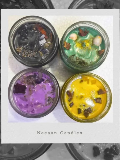 Let your space glow with intention. Each of these jar candles is handcrafted with colors, crystals, and botanicals to spark a vibe of peace, protection, or positivity.