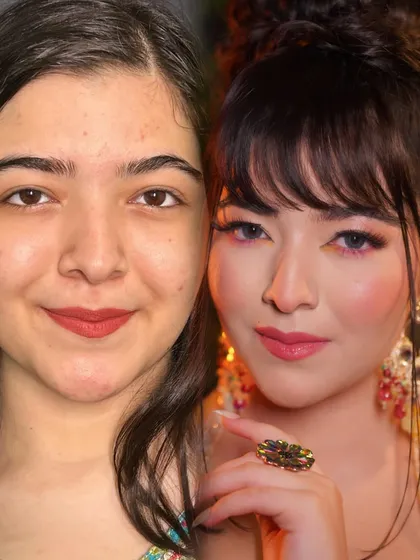 The Haldi ceremony is all about vibrant joy, and the makeup should reflect that. This before-and-after showcases a fresh, glowing Haldi look with a pop of color on the eyes that complements the yellow attire perfectly, ensuring the bride looks radiant and feels confident.
