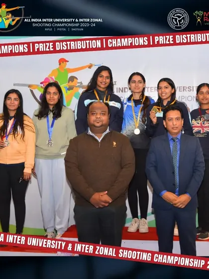 The winners of the Trap Women team event at the All India Inter University Championship, where our team proudly took the gold medal.
