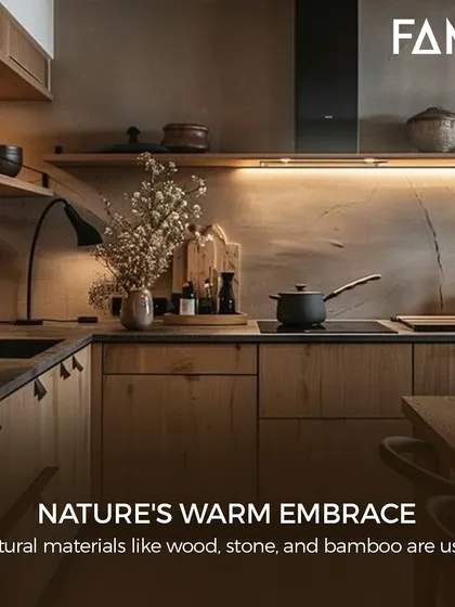 Nature's warm embrace is central to Japandi design. This kitchen uses natural materials like wood and stone to create a tactile and inviting atmosphere that feels connected to the outdoors.