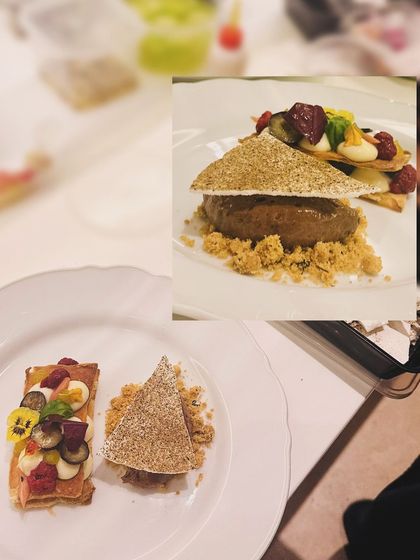 A collage of my dessert creations, including a mille-feuille and a deconstructed tart. I love to play with textures and forms in my pastry work.