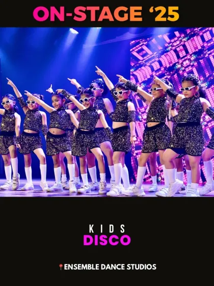 A powerful group pose from the Kids Disco number at 'ON-STAGE '25'. This image perfectly captures the confidence and flair our students develop.