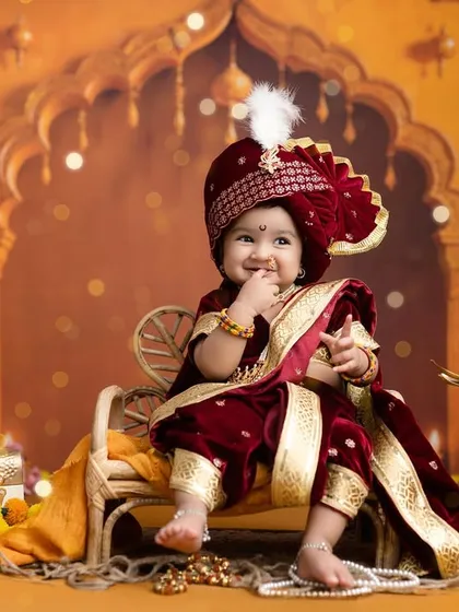 A sweet, shy smile from our little Marathi queen, capturing a different mood during the same traditional session.