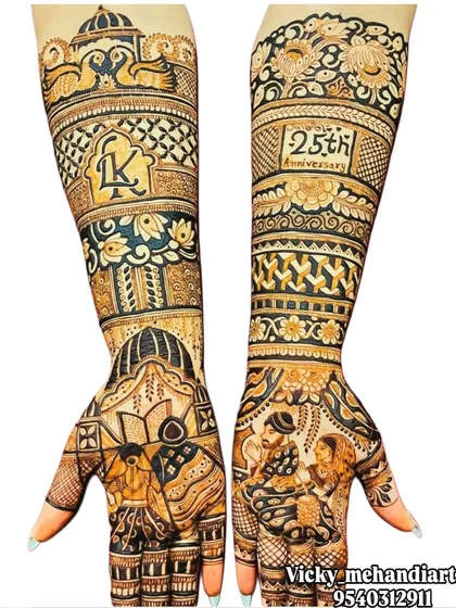 A special design for a 25th anniversary, showing that mehndi is for celebrating all milestones of love. It features couple portraits and symbols of their journey.