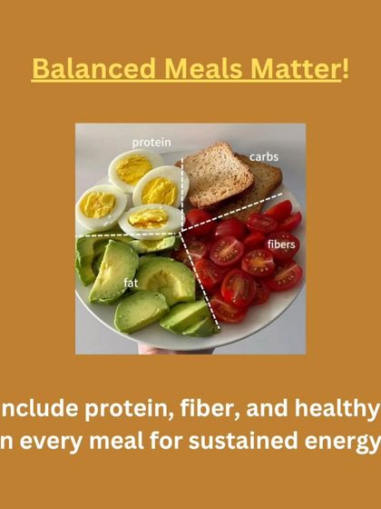Balanced meals matter! This tip shows a perfectly balanced plate with protein, carbs, healthy fats, and fibers for sustained energy. It's a core principle of all our meal plans.