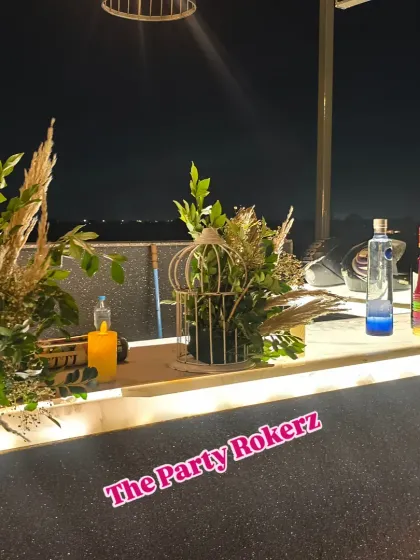 A close-up of the bar area at a rustic-themed terrace party. We decorated the bar with fresh greenery, pampas grass, and birdcage props.
