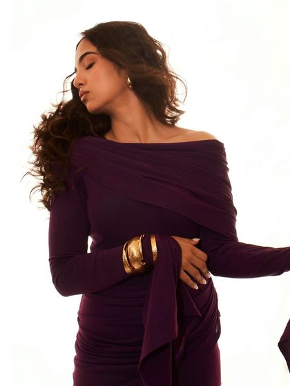 Another angle of the purple gown on Ahsaas, this time with an off shoulder drape. I love playing with different ways to wear a single piece to create multiple looks within one shoot.