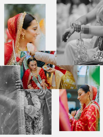 A detailed collage of a South Indian bride during her wedding ceremony, highlighting the jewelry, rituals, and emotional moments.