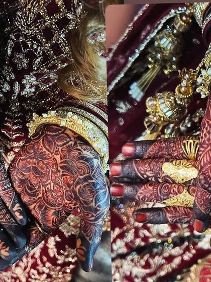 A collage showing the intricate details of the stained mehendi, paired with the bride's magnificent wedding jewelry and outfit.