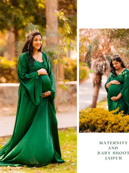 A two-panel collage of a woman in a green gown, showing both a full-length pose and a close-up portrait against a natural backdrop.
