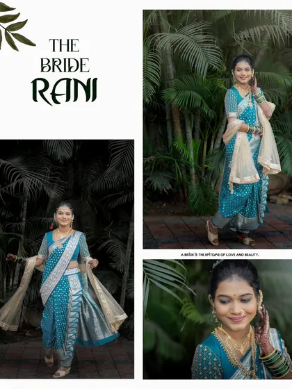 A collage of the bride, Rani, showcasing her beautiful blue Nauvari saree from different angles.