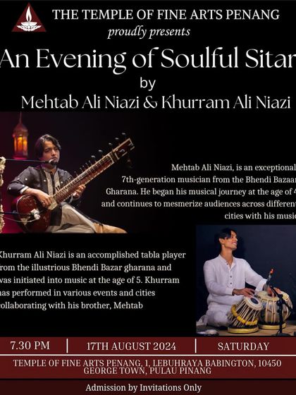 The poster for "An Evening of Soulful Sitar" in Penang, Malaysia, part of my South Asia Tour. I am always grateful for the opportunity to present Indian classical music on a global stage.