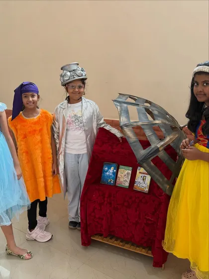Another group in full costume, ready for their Group Drama exam. The imaginative props and character outfits show their dedication and the fun they have while preparing for their performance.